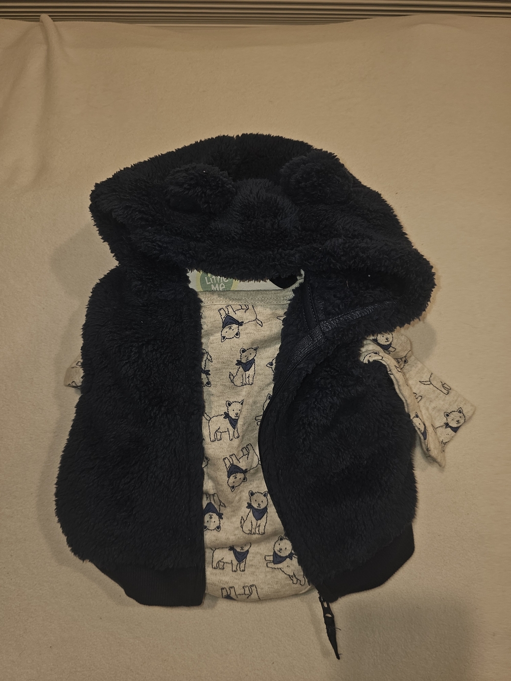 Little Me Navy Sherpa Hooded Vest with Shirt And Pants